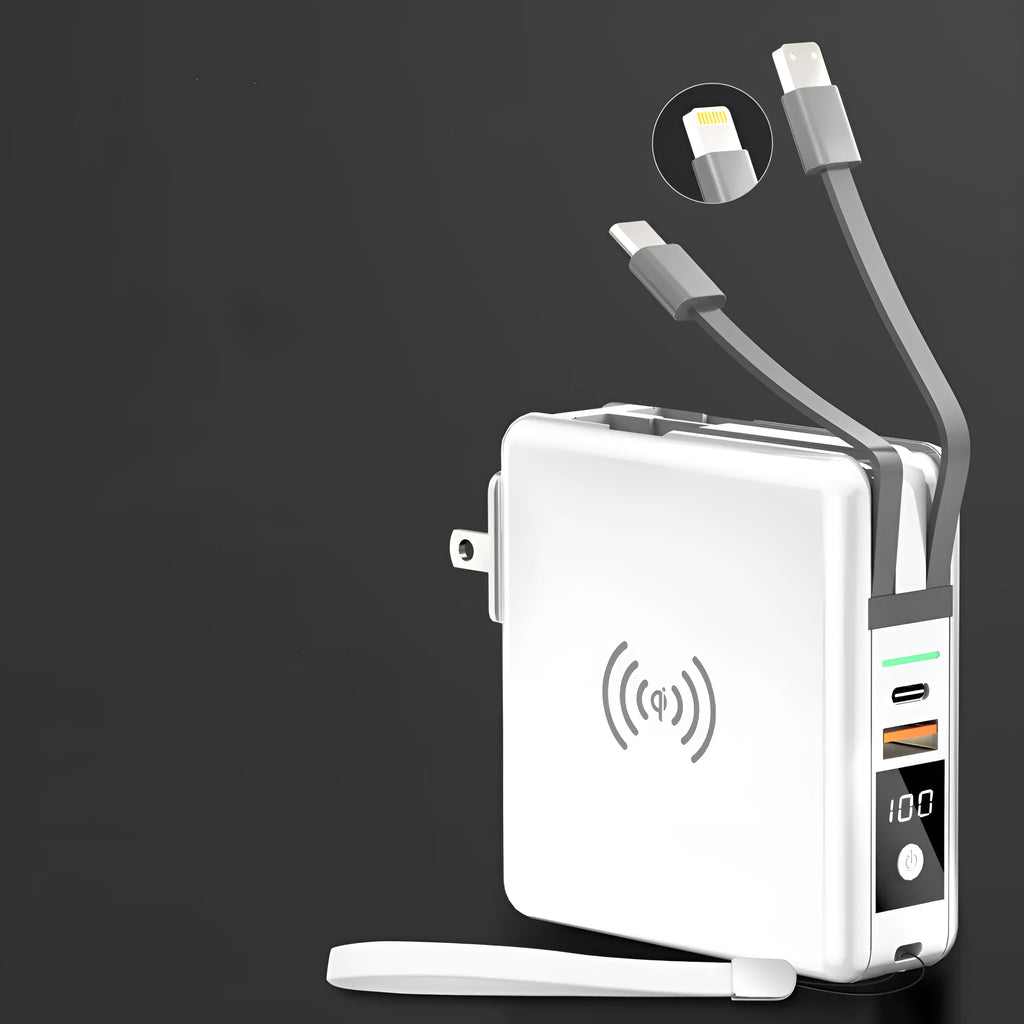 Black and white 10000mAh power bank with QI wireless charging and a set of international plug adapters