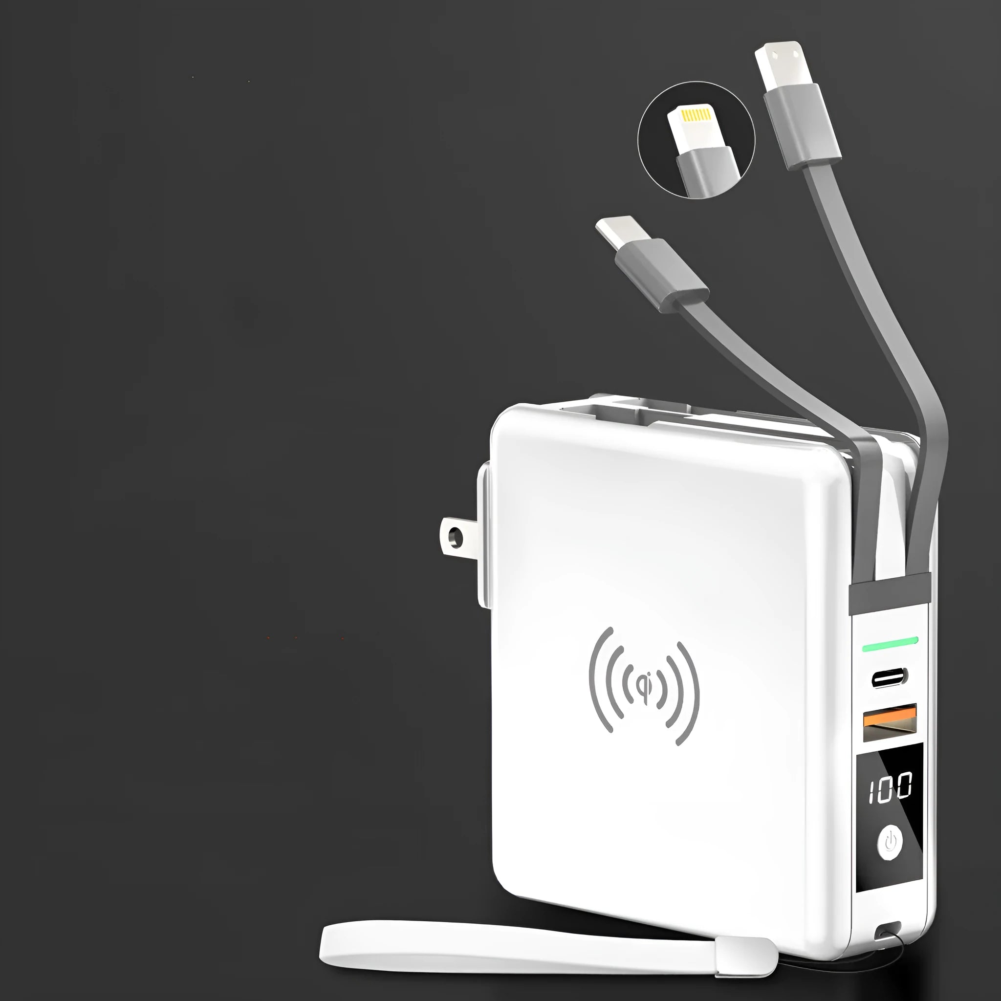 Black and white 10000mAh power bank with QI wireless charging and a set of international plug adapters