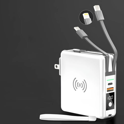 Black and white 10000mAh power bank with QI wireless charging and a set of international plug adapters