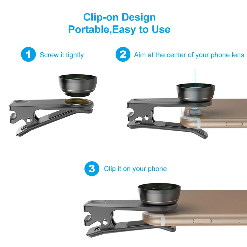 6 in 1 mobile phone lens kit showing fisheye, wide angle, macro, telephoto, CPL and star filter lenses with universal clip