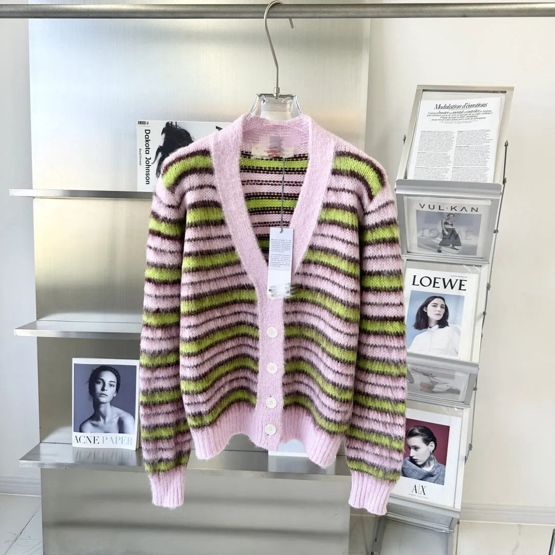 Pink Haima wool knitted cardigan sweater with regular sleeves and napped texture