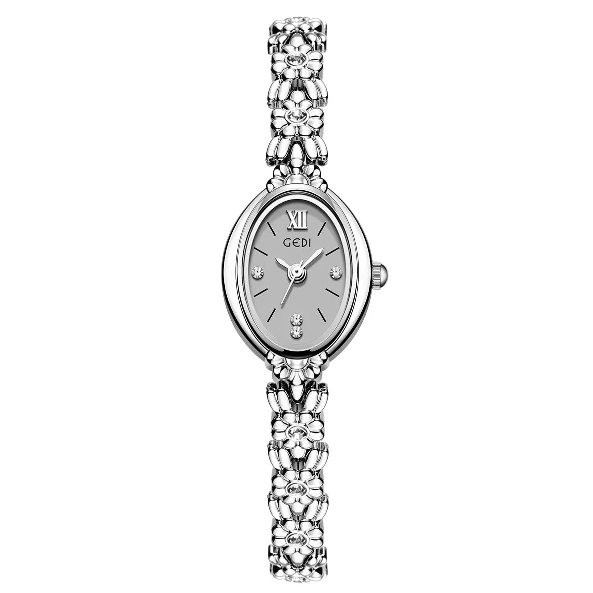 Women's light luxury retro compact alloy watch with 8mm thin case and white dial on white strap