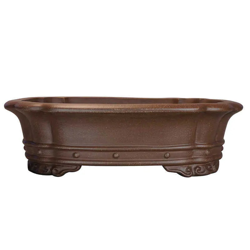 Purple clay rectangular handmade flower pot with antique begonia design for desktop plants