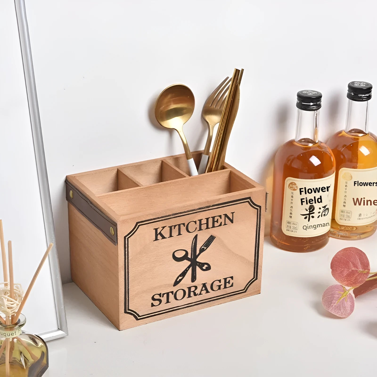 Wooden kitchen storage box with grid divider for knives forks and chopsticks