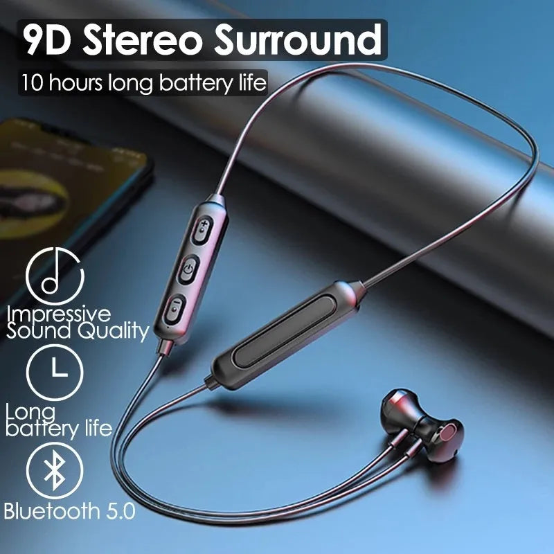 Black neck-mounted wireless sports earphones with bilateral stereo design and Bluetooth 5.0 connectivity