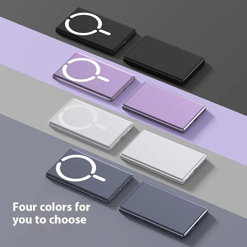 Ultra-thin magnetic power bank in dark grey, silver, black or violet with alloy shell