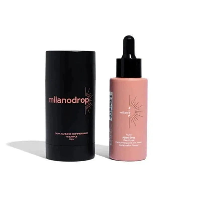 Matte self-tanning liquid set showing 50ml tanning drops bottle and 75ml tanning flash cream tube