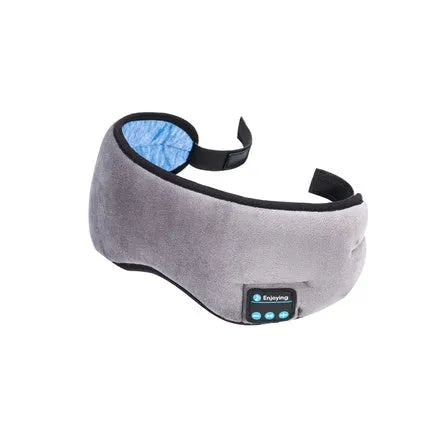 Black Bluetooth sleep mask with integrated wireless headphones for music listening and blackout.