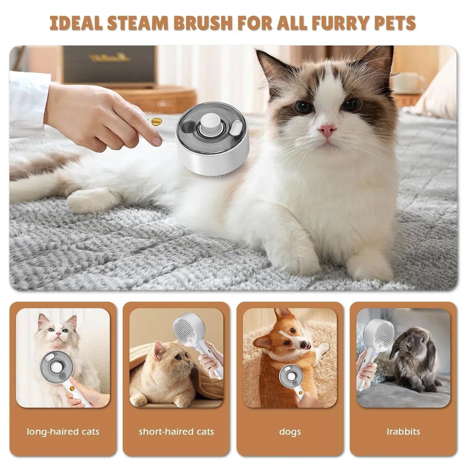 Pink and white cat steam brush with transparent water tank and rounded comb head