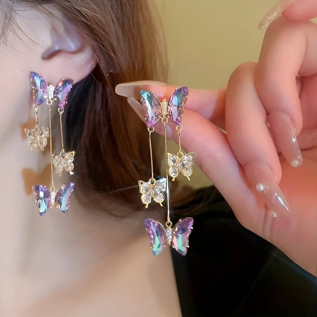 Silver needle blue purple butterfly crystal flower tassel earrings with electroplated alloy construction