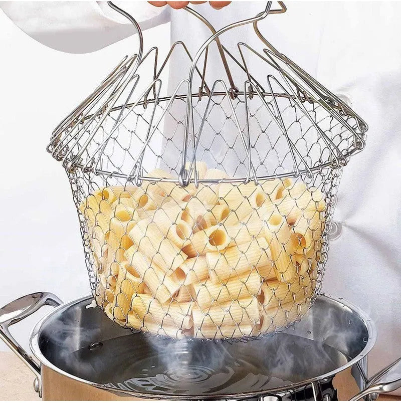Foldable stainless steel deep fry basket with grid pattern, shown with handle.