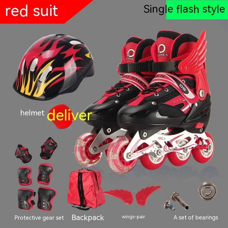 Colourful adjustable children's roller skates with aluminium frame, PU foam wheels, and full set of protective gear.