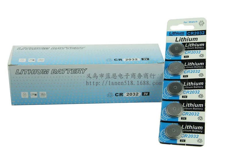 Pack of five CR2032 3V lithium button batteries on a blister card.