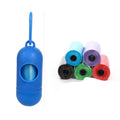 Roll of multi-coloured dog waste bags showing black, blue, green, and pink examples