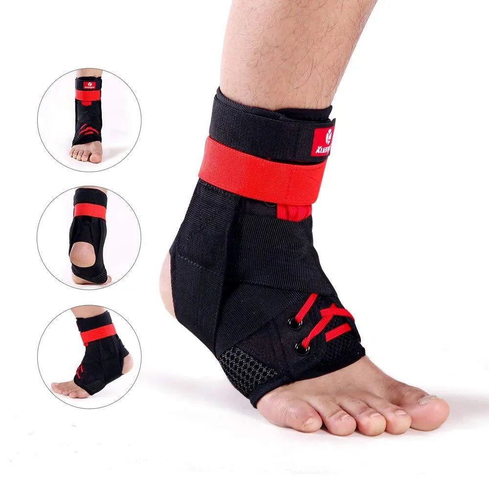 Kuangmi adjustable ankle brace in black red for sport foot stabilizer with straps