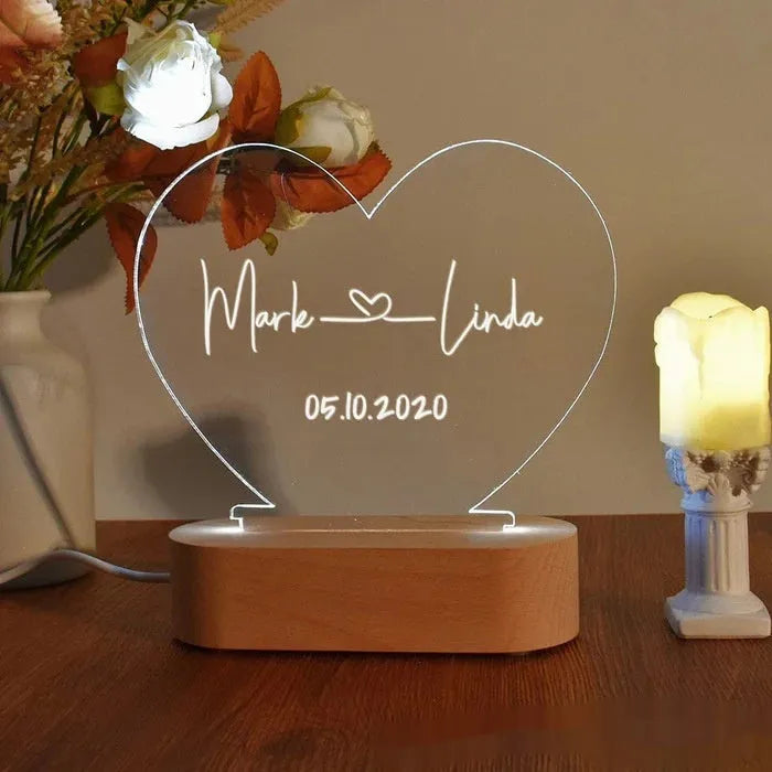 Custom transparent acrylic night light with names and dates, 20cm by 11.5cm modern art bedside lamp