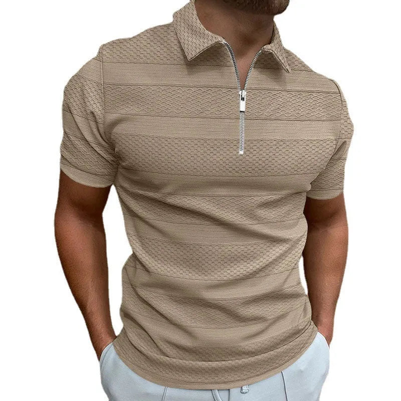 Men's solid colour short-sleeve jacquard lapel top with zipper decorations, available in five colours