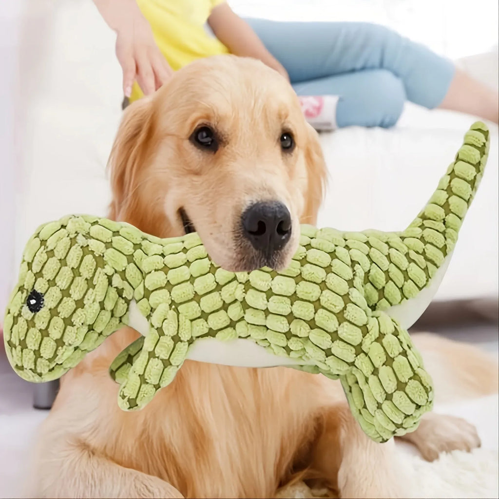 Grey, green, or orange dog chew toy with sound, shown next to a measuring tape indicating its 35cm length.