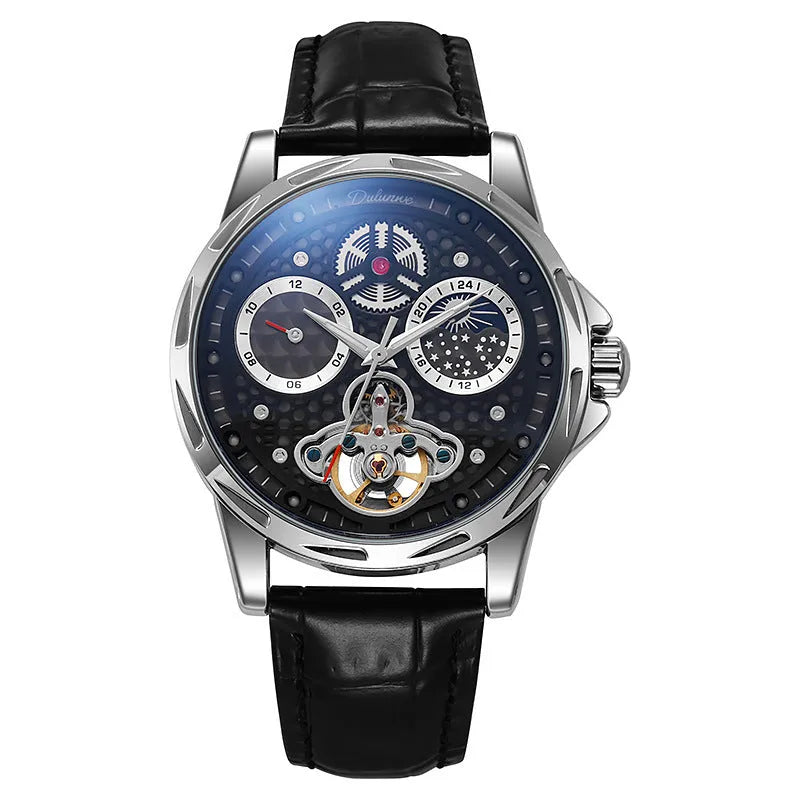 Men's black and white automatic waterproof business watch with steel or leather strap