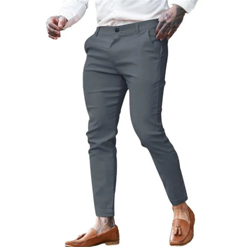 Men's slim fit pencil trousers in cotton twill with high elasticity, showing colour options and pencil silhouette
