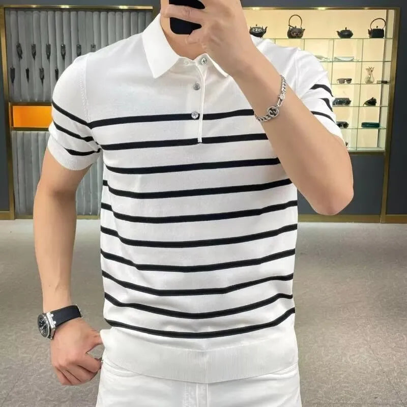 Men's black striped lapel knitted pullover t-shirt on white background