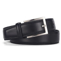 Men's black leather belt with silver pin buckle fastener showing length measurement