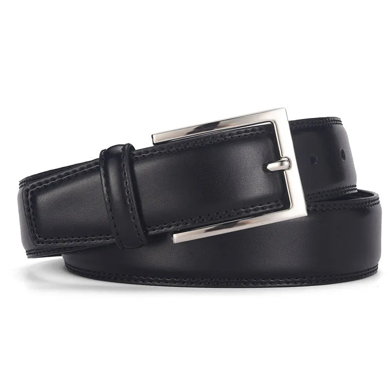 Men's black leather belt with silver pin buckle fastener showing length measurement