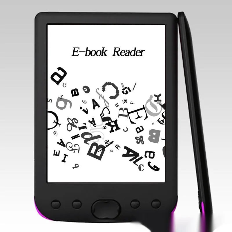 Black 6-inch e-ink e-book reader showing its screen and compact design.