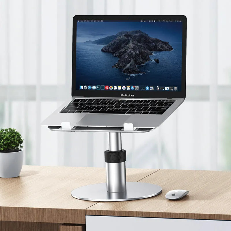 Silver adjustable aluminium laptop stand shown at various heights with rotating base.