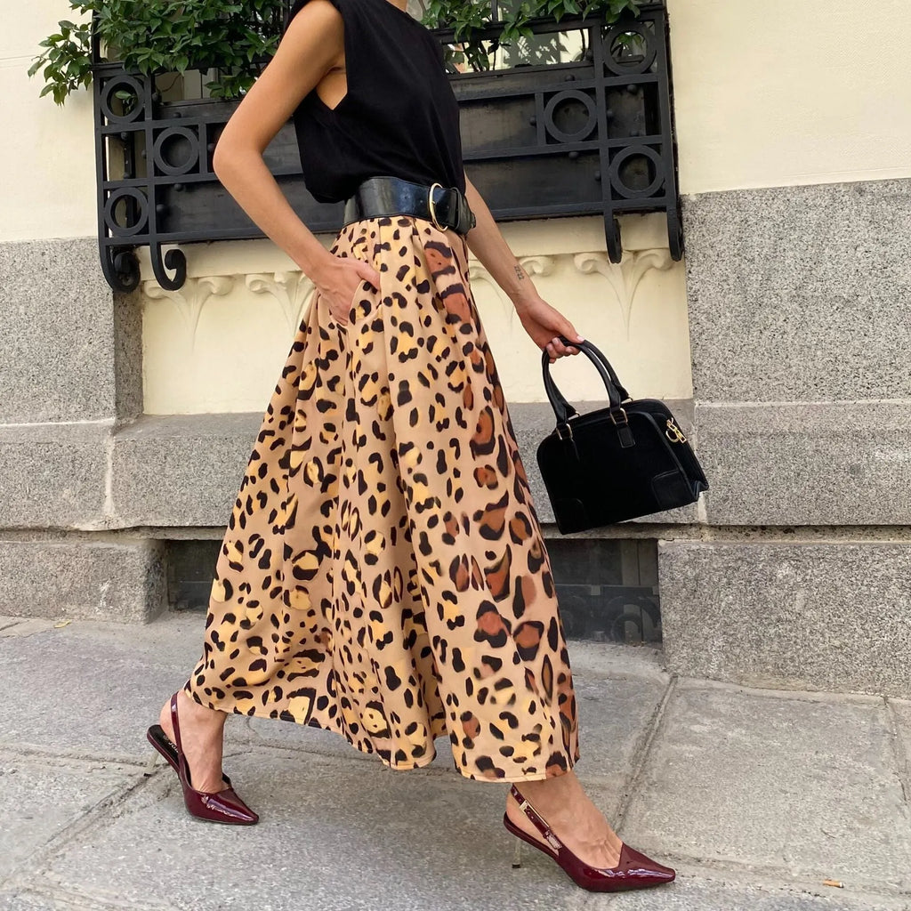 Brown leopard print women's A-line long skirt with big hem