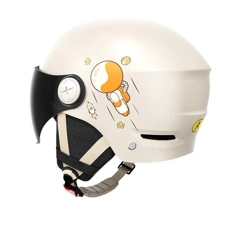 Khaki coloured motorcycle half helmet with a long visor on a solid background.