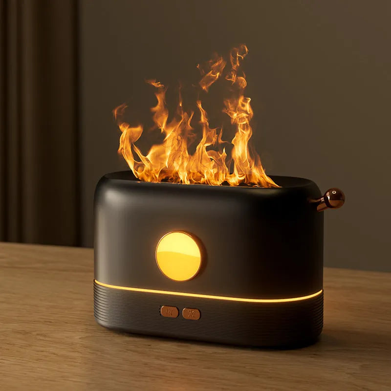 USB desktop humidifier with flickering flame effect, available in black, green or white colours