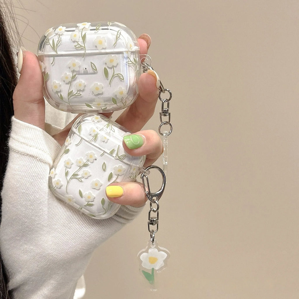 White floral transparent TPU protective case for Apple AirPods showing floral pattern details