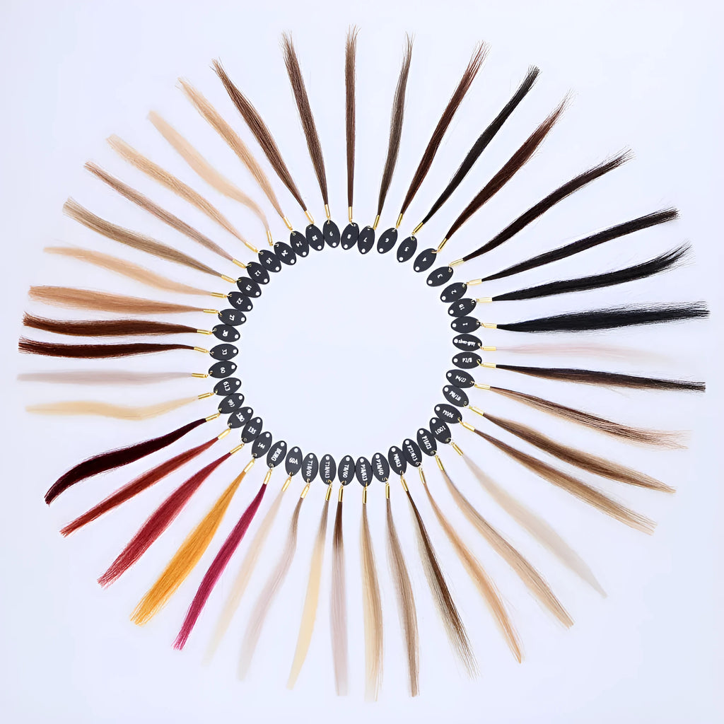 Hand-woven human hair colour board with 31 colour swatches for hairdressing use