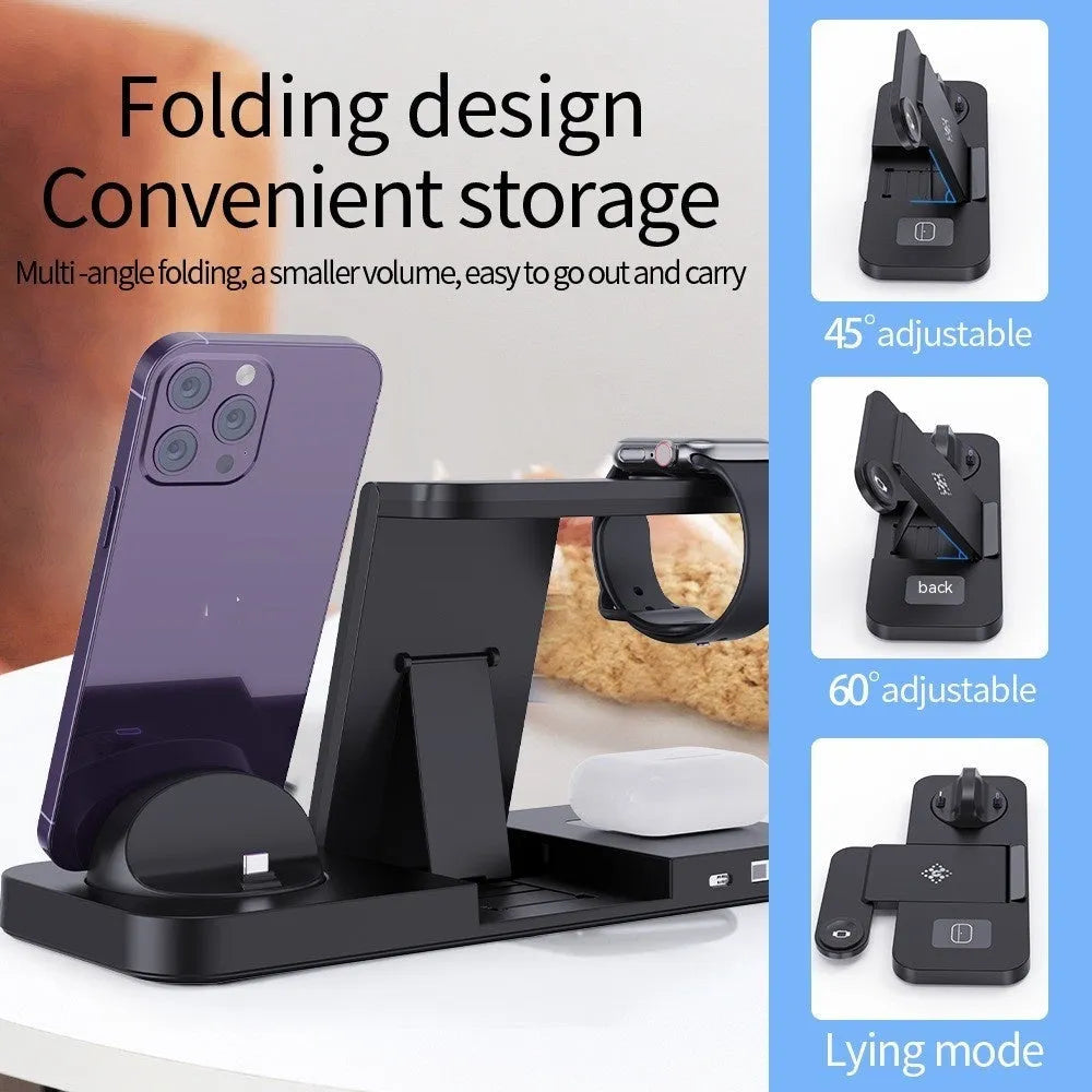 Wireless charging station for phone, watch and headset with rotating mount in black colour