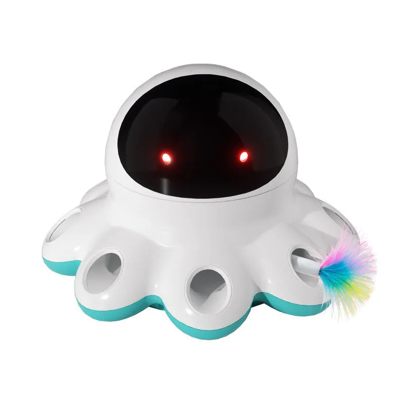 Automatic electric cat teaser toy with shiny spinning feathers in colourful plastic housing