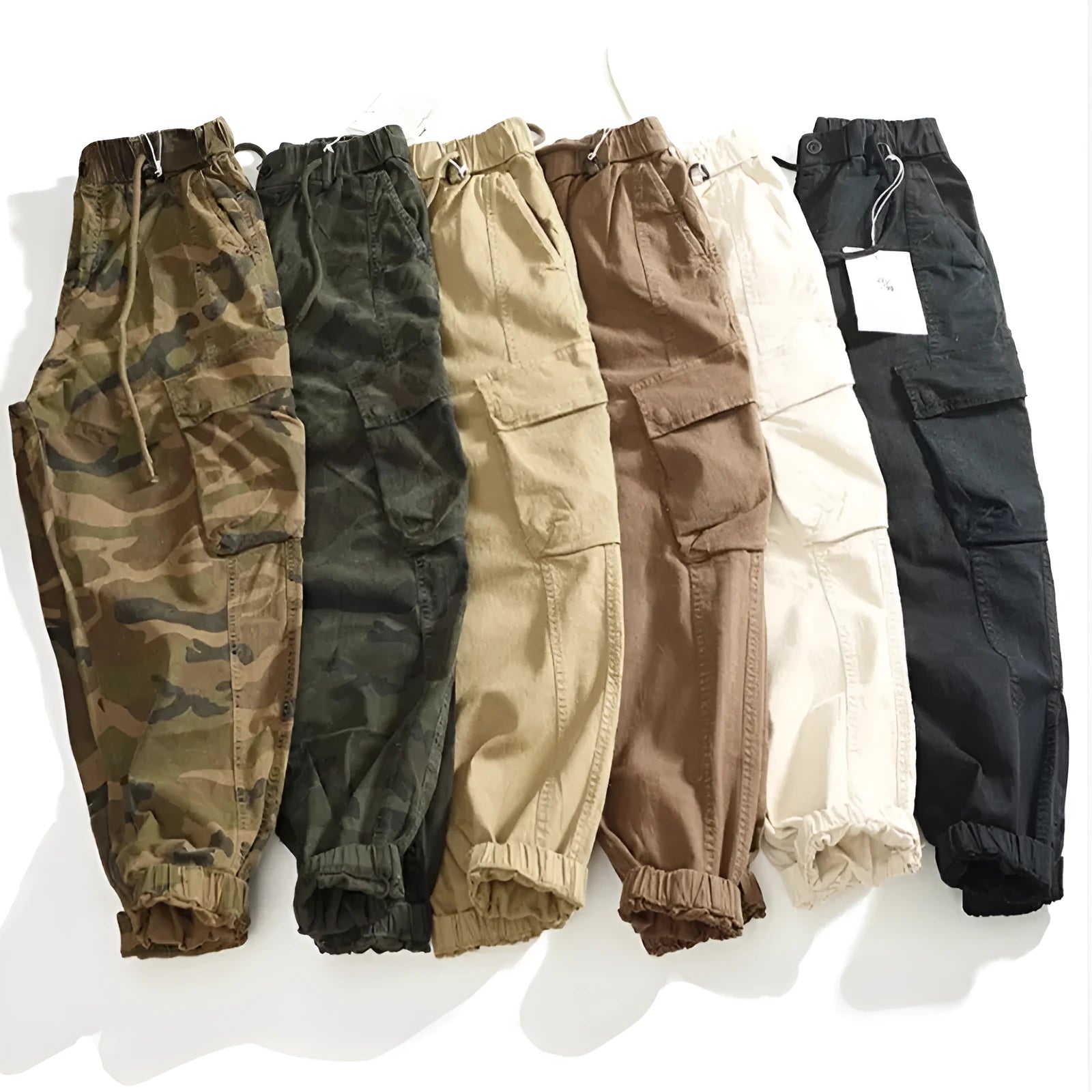 Men's multi-pocket stretch cargo casual pants in khaki, mid-waist ankle-tied style, worn-looking woven fabric