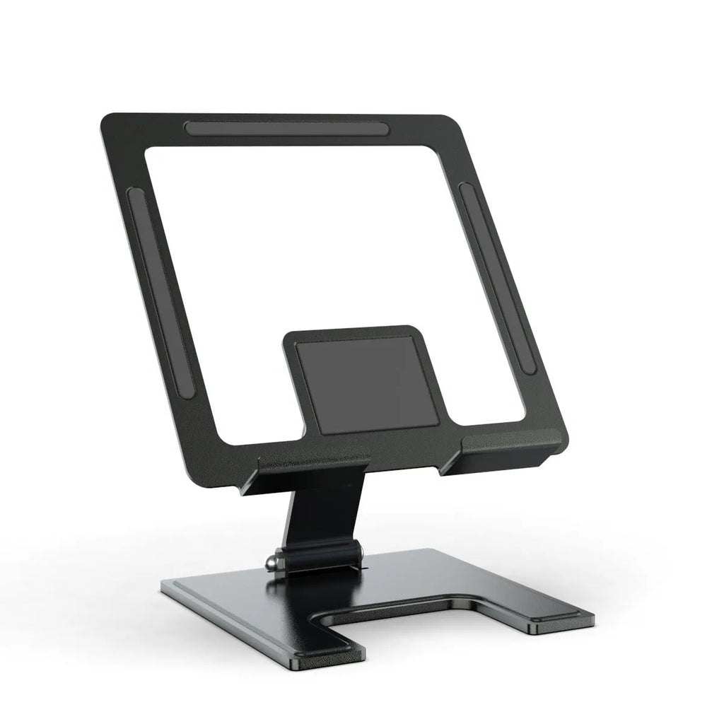 Flat desktop foldable rotating metal bracket for notebook in black alloy finish on desk