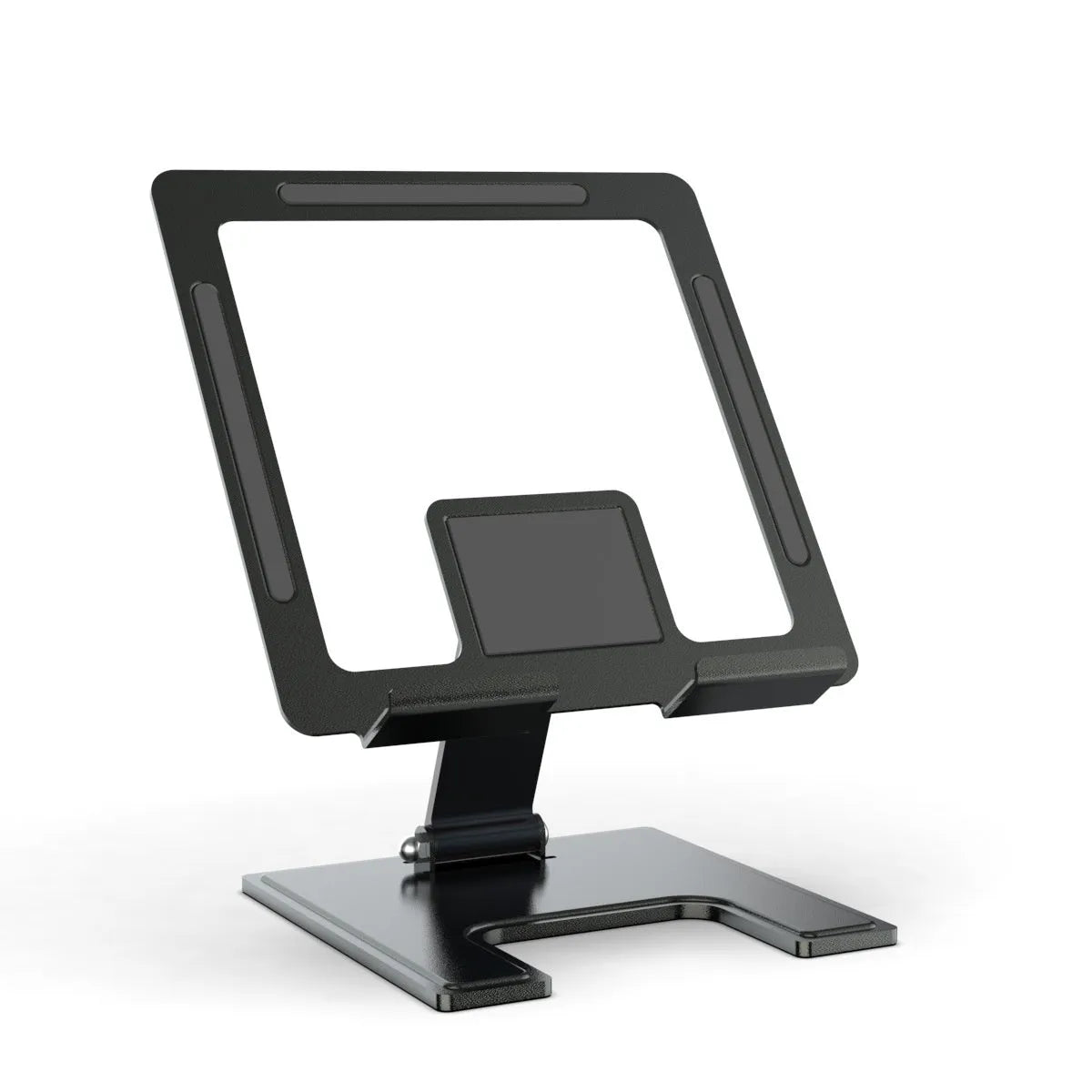 Flat desktop foldable rotating metal bracket for notebook in black alloy finish on desk