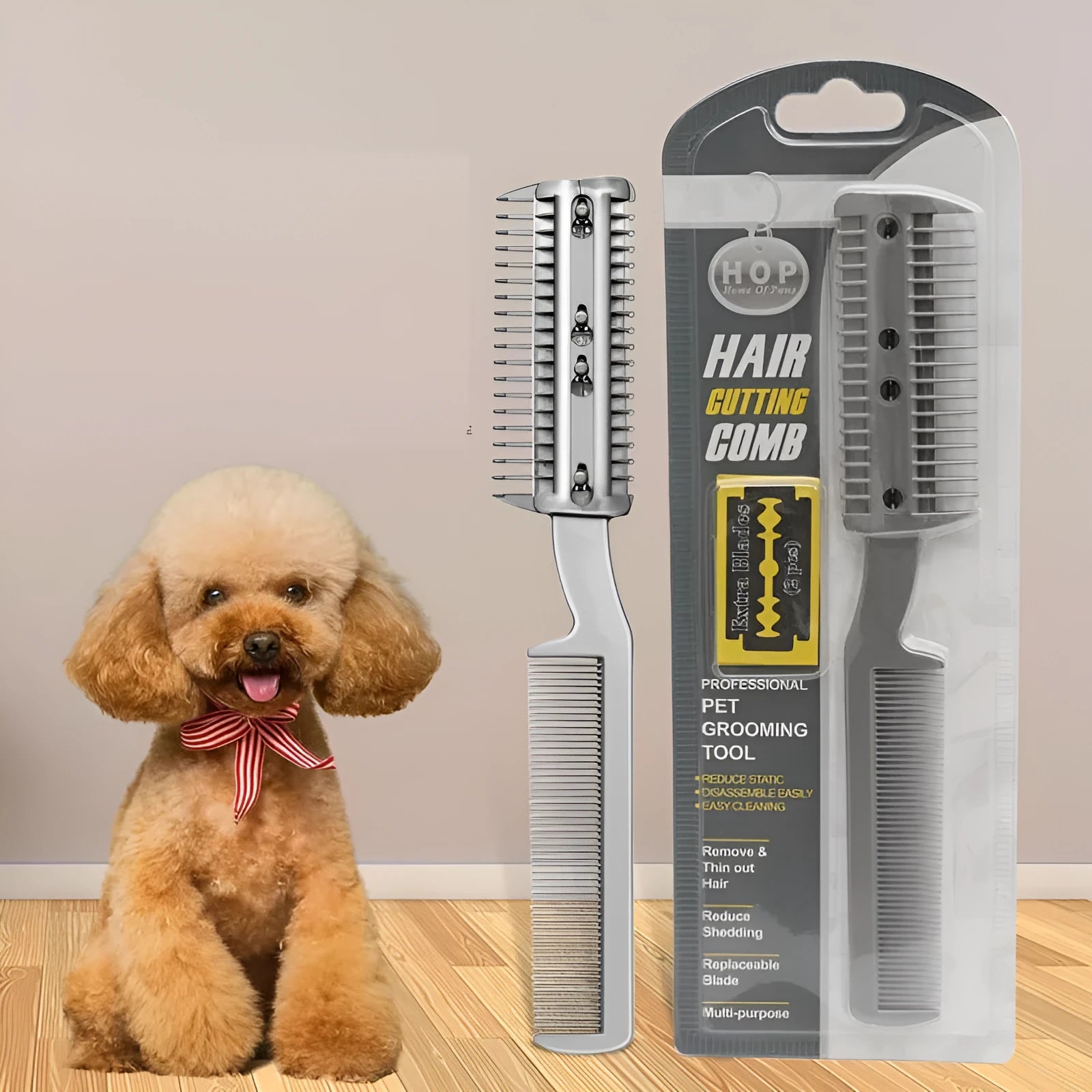 Plastic dog hair cleaning comb with spare blade in blister packaging