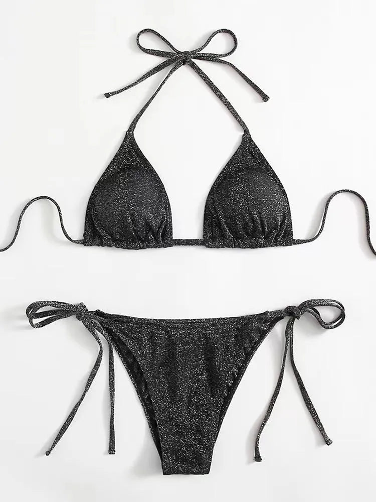 Women's bandage-style bikini swimsuit in black, shown as a two-piece set.