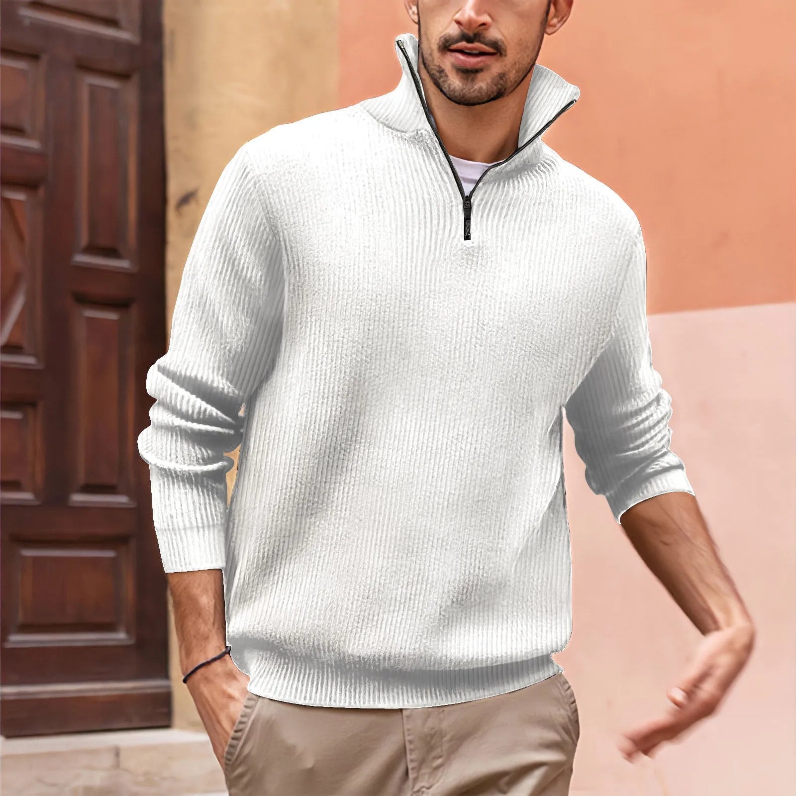 New POLO zip high neck men's polo shirt long sleeve loose fit stripes print chemical fibre blend black colour