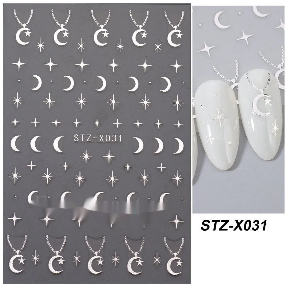 Pack of black and silver strip nail art stickers with cartoon and love pattern designs.