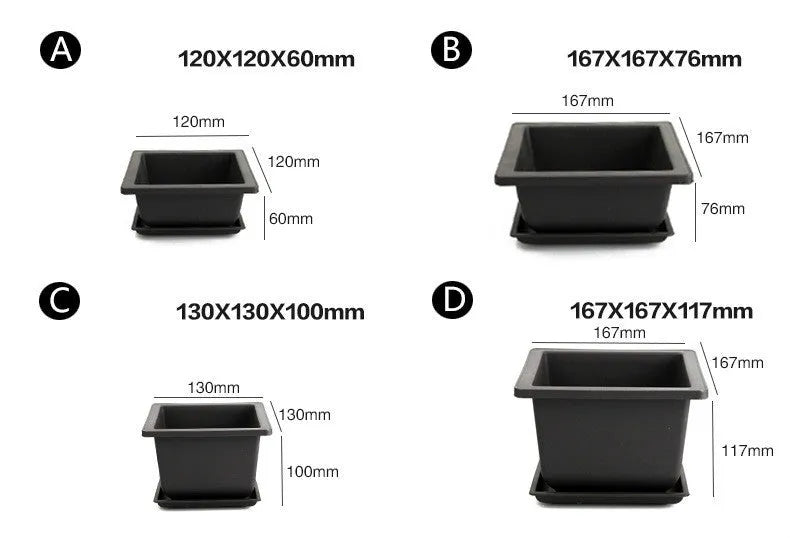 Dark brown antique-style recycled plastic flowerpot showing rectangular and square size options.