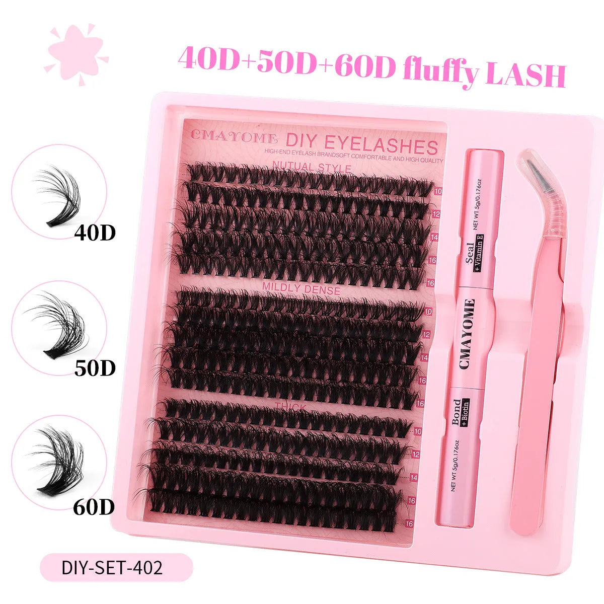 DIY false eyelash extension kit with single cluster chemical fibre lashes and tweezers
