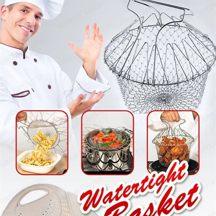 Foldable stainless steel deep fry basket with grid pattern, shown with handle.