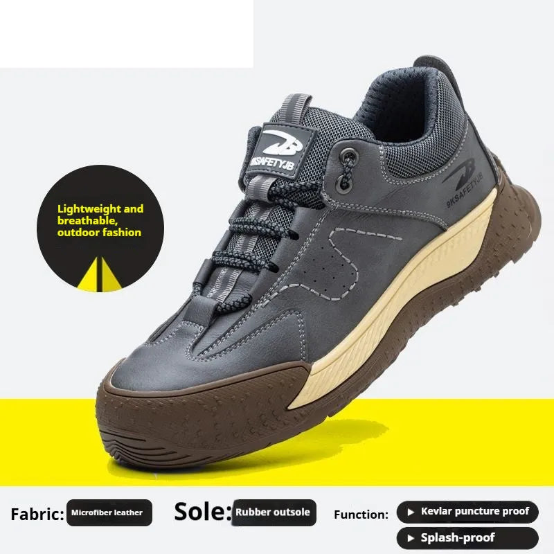 Flyknit safety work shoe with leather upper and rubber sole in black colour