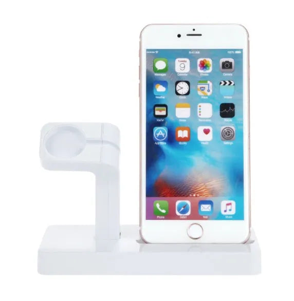 White 2-in-1 desktop charging dock holding an iPhone and an Apple Watch