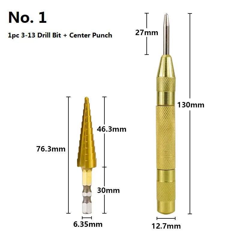 High-speed steel step drill bits and centre punch set for metalworking with colour-coded organisation