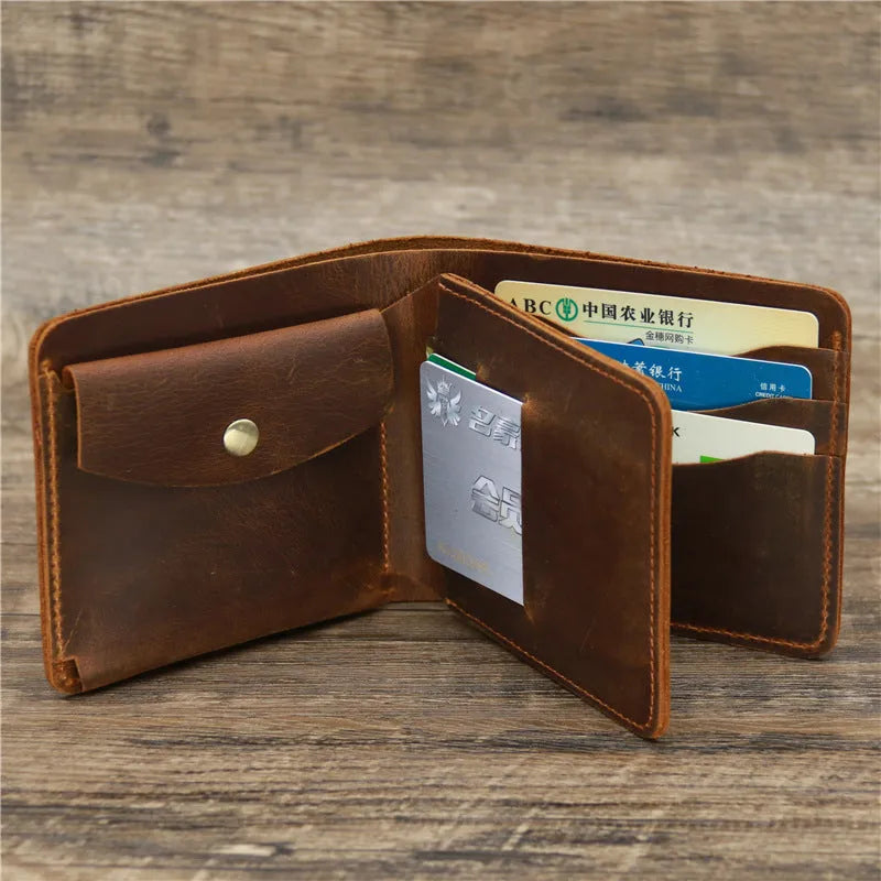 Men crazy horse leather money card wallet, retro red brown, 11.5cm long, horizontal design
